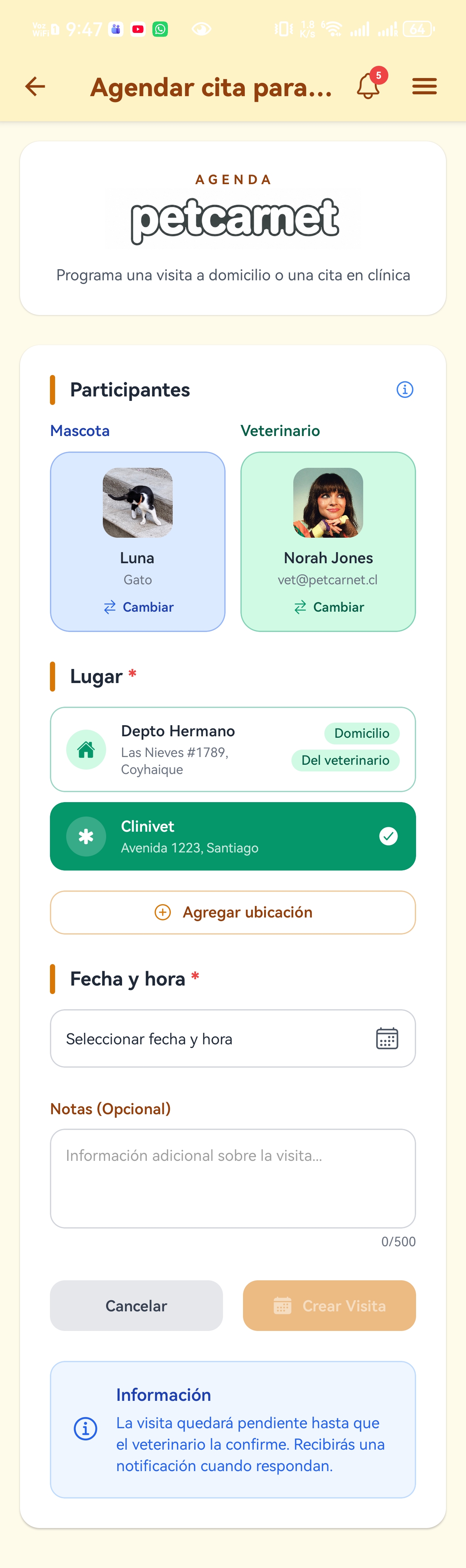 Agendar una cita o visita en petcarnet