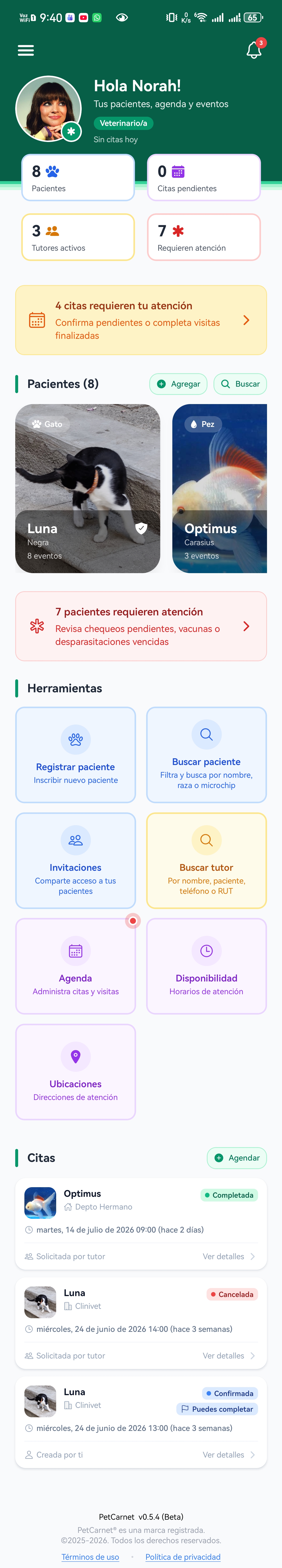 Panel del veterinario en petcarnet